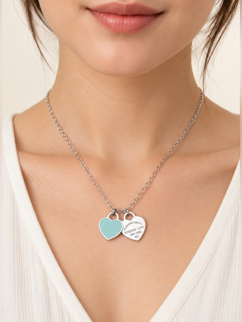 Forever Love Double Heart Pendant Necklace in Aqua and Silver steel 316L